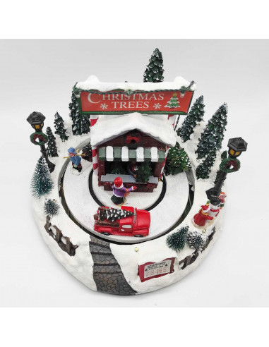 Puesto de venta árboles navidad con luces LED, música y movimiento 20 x 24 cm, resina y plástico, poblado navideño, paisaje mont