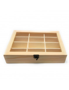 Tradineur - Caja de madera, 12 compartimentos y tapa de cristal 25,8 x 19,8 x 5 cm, joyero, caja guardar joyas, objetos pequeños