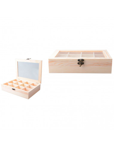 Tradineur - Caja de madera, 12 compartimentos y tapa de cristal 25,8 x 19,8 x 5 cm, joyero, caja guardar joyas, objetos pequeños