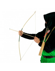Tradineur - Arco con flechas de 104 cm, arco de madera con cuerda para disfraz de indio con carcaj para colgar y 3 flechas con v