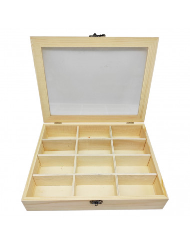 Tradineur - Caja de madera, 12 compartimentos y tapa de cristal 25,8 x 19,8 x 5 cm, joyero, caja guardar joyas, objetos pequeños