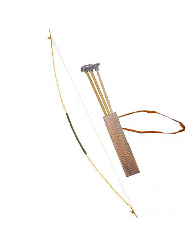 Tradineur - Arco con flechas de 104 cm, arco de madera con cuerda para disfraz de indio con carcaj para colgar y 3 flechas con v