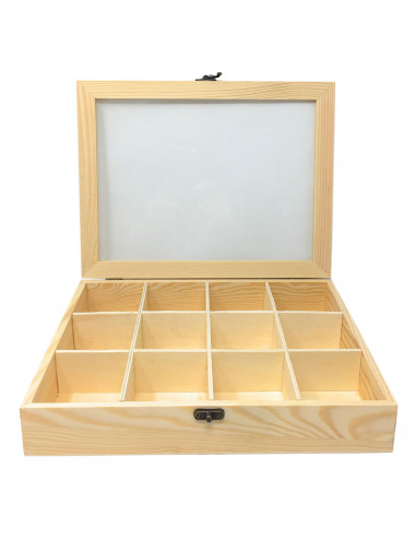 Tradineur - Caja de madera, 12 compartimentos y tapa de cristal 25,8 x 19,8 x 5 cm, joyero, caja guardar joyas, objetos pequeños