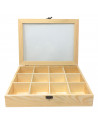Tradineur - Caja de madera, 12 compartimentos y tapa de cristal 25,8 x 19,8 x 5 cm, joyero, caja guardar joyas, objetos pequeños