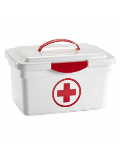 Tradineur - Caja de plástico de almacenamiento con asa y cierre frontal 8 litros, diseño botiquín de primeros auxilios, recipien