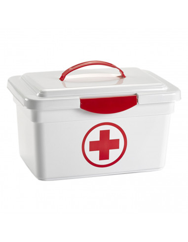 Tradineur - Caja de plástico de almacenamiento con asa y cierre frontal 8 litros, diseño botiquín de primeros auxilios, recipien