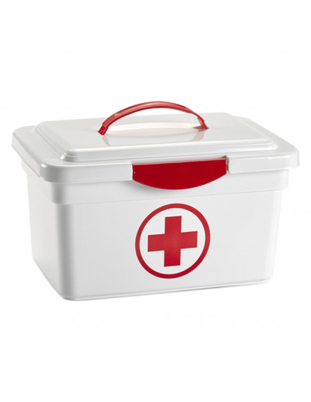 Tradineur - Caja de plástico de almacenamiento con asa y cierre frontal 8 litros, diseño botiquín de primeros auxilios, recipien