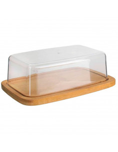 Mantequillera rectangular con tapa de plástico y base de madera 6 x 19 x 12,3 cm, mantequera, recipiente para guardar y cortar m
