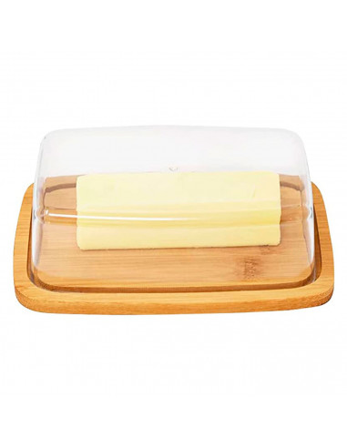 Mantequillera rectangular con tapa de plástico y base de madera 6 x 19 x 12,3 cm, mantequera, recipiente para guardar y cortar m