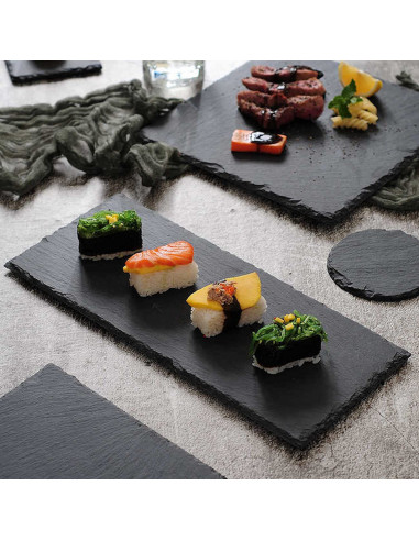 Tradineur - Plato de Pizarra Rectangular, Bandeja para hosteleria, servicio y degustación, Canto rústico, Tabla de Piedra Natura