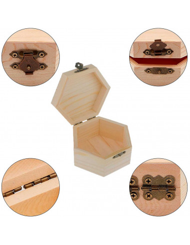 Caja de madera hexagonal con cierre metálico 6 x 11,7 x 10,3 cm, cajita decorativa de madera natural sin tratar para manualidade