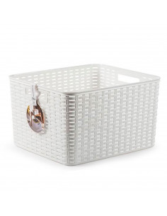 Cesta de almacenamiento rectangular de plástico blanco 28,5 litros, imitación estilo mimbre 22,7 x 39,5 x 34,5 cm, cesta de orde