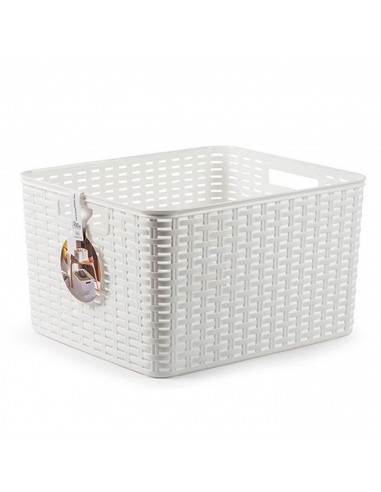 Cesta de almacenamiento rectangular de plástico blanco 28,5 litros, imitación estilo mimbre 22,7 x 39,5 x 34,5 cm, cesta de orde