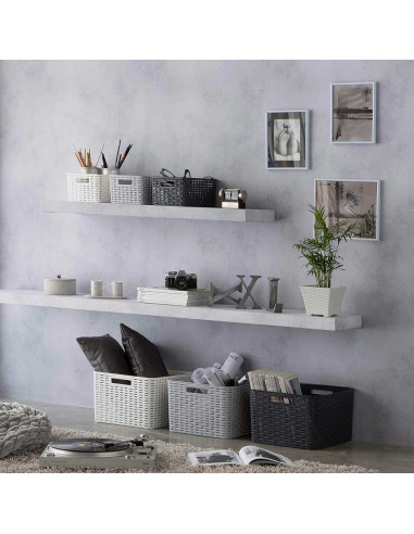 Cesta de almacenamiento rectangular de plástico blanco 28,5 litros, imitación estilo mimbre 22,7 x 39,5 x 34,5 cm, cesta de orde