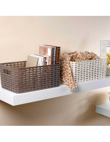 Cesta de almacenamiento rectangular de plástico blanco 28,5 litros, imitación estilo mimbre 22,7 x 39,5 x 34,5 cm, cesta de orde