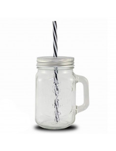 Jarra de cristal con tapa y pajita 50 cl, frasco, bote reutilizable con asa para cocktails, limonadas, bebidas frías, ideal para
