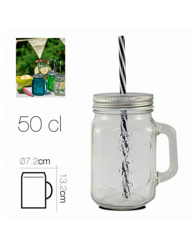 Jarra de cristal con tapa y pajita 50 cl, frasco, bote reutilizable con asa para cocktails, limonadas, bebidas frías, ideal para