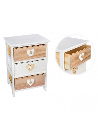 Cajonera blanca de madera con 3 cajones, 58 x 40 x 29 cm, diseño con corazones, torre de ordenación, mueble auxiliar almacenamie