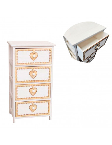 Cajonera blanca de madera con 4 cajones, 73 x 40 x 29 cm, diseño con corazones, torre de ordenación, mueble auxiliar almacenamie