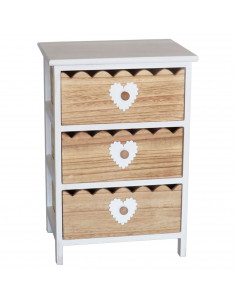 Cajonera de madera blanca con 3 cajones marrones, 58 x 40 x 29 cm, diseño con corazones, torre de ordenación, mueble auxiliar al