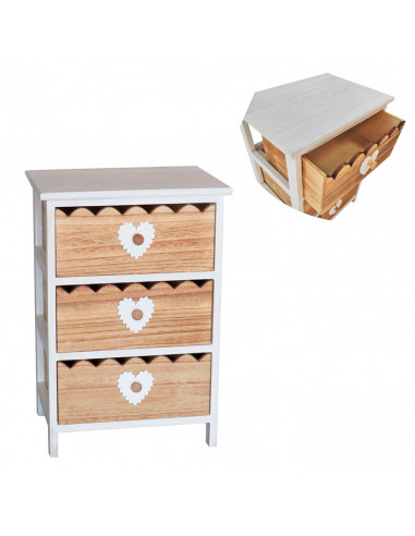 Cajonera de madera blanca con 3 cajones marrones, 58 x 40 x 29 cm, diseño con corazones, torre de ordenación, mueble auxiliar al