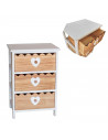 Cajonera de madera blanca con 3 cajones marrones, 58 x 40 x 29 cm, diseño con corazones, torre de ordenación, mueble auxiliar al