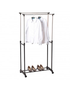 Perchero extensible doble con ruedas 80 x 43 x 90/160 cm, perchero burro con dos barras y estante para calzado, altura ajustable
