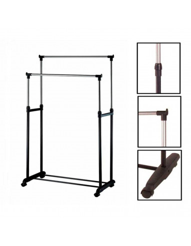 Perchero extensible doble con ruedas 80 x 43 x 90/160 cm, perchero burro con dos barras y estante para calzado, altura ajustable