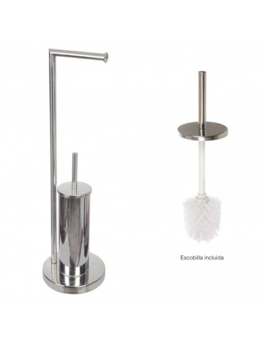 Tradineur- Escobillero con portarrollos metalizado, 18,5 x 74 cm, soporte de acero inoxidable para papel higiénico y escobillero