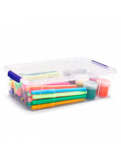 Tradineur - Caja de almacenaje de plástico transparente 2 litros, minicaja de ordenación apilable con tapa 7,5 x 25,5 x 16,8 cm,
