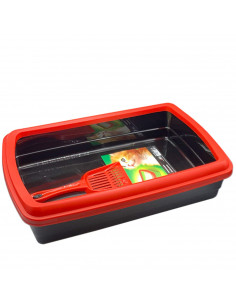 Arenero para gatos con pala 47 x 31 x 11 cm, bandeja higiénica con borde alto extraíble, gatera, caja arena sanitaria, base negr