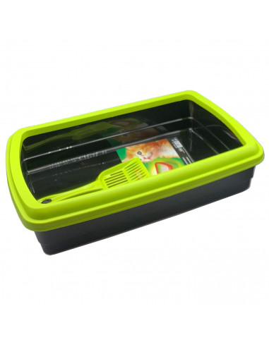 Arenero para gatos con pala 47 x 31 x 11 cm, bandeja higiénica con borde alto extraíble, gatera, caja arena sanitaria, base negr