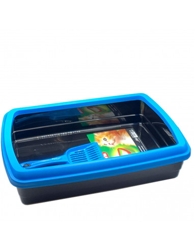Arenero para gatos con pala 47 x 31 x 11 cm, bandeja higiénica con borde alto extraíble, gatera, caja arena sanitaria, base negr