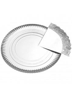 Bandeja de cartón redonda con blonda plateada, diámetro 23 cm, fuente reciclable para pasteles con encaje de papel, especial par