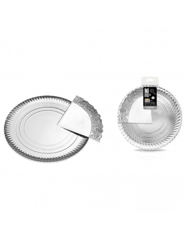 Bandeja de cartón redonda con blonda plateada, diámetro 23 cm, fuente reciclable para pasteles con encaje de papel, especial par
