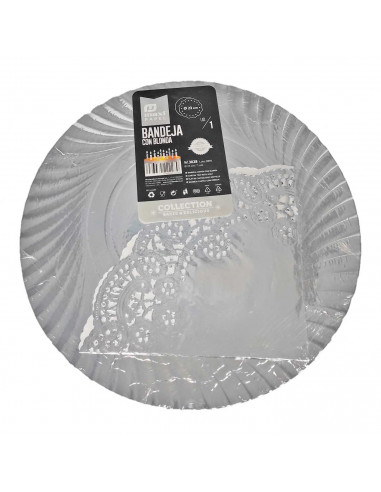 Bandeja de cartón redonda con blonda plateada, diámetro 23 cm, fuente reciclable para pasteles con encaje de papel, especial par