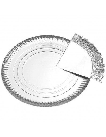 Bandeja de cartón redonda con blonda plateada, diámetro 35 cm, fuente reciclable para pasteles con encaje de papel, especial par