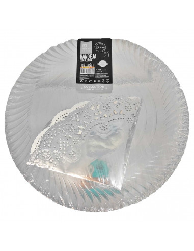 Bandeja de cartón redonda con blonda plateada, diámetro 35 cm, fuente reciclable para pasteles con encaje de papel, especial par