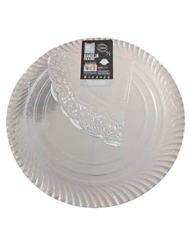Bandeja de cartón plateada redonda con blonda, diámetro 38 cm, fuente reciclable para pasteles con encaje de papel, especial par
