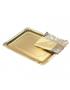 Bandeja de cartón rectangular con blonda dorada 22 x 28 cm, fuente reciclable para pasteles con encaje de papel, especial para f