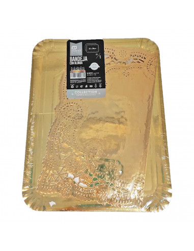 Bandeja de cartón rectangular con blonda dorada 22 x 28 cm, fuente reciclable para pasteles con encaje de papel, especial para f