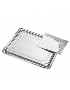 Bandeja de cartón rectangular con blonda plateada 22 x 28 cm, fuente reciclable para pasteles con encaje de papel, especial para