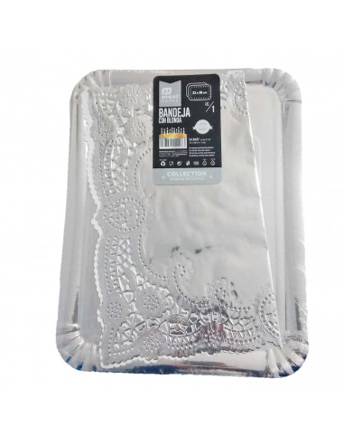 Bandeja de cartón rectangular con blonda plateada 22 x 28 cm, fuente reciclable para pasteles con encaje de papel, especial para