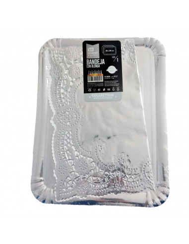 Bandeja de cartón rectangular plateada con blonda 25 x 34 cm, fuente reciclable para pasteles con encaje de papel, especial para