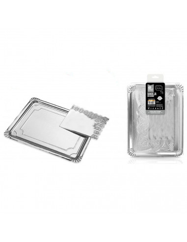 Bandeja de cartón rectangular plateada con blonda 25 x 34 cm, fuente reciclable para pasteles con encaje de papel, especial para