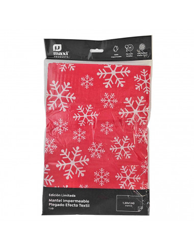 Mantel impermeable efecto textil 1,20 x 1,80 metros, diseño en rojo con motivos navideños, 100% higiénico, formato familiar para