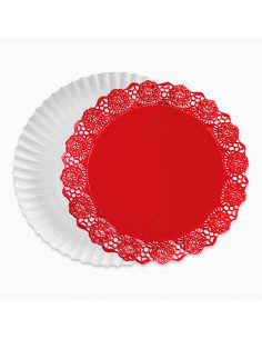Bandeja de cartón redonda blanca con blonda roja, diámetro 34,5 cm, fuente reciclable para pasteles con encaje de papel, especia