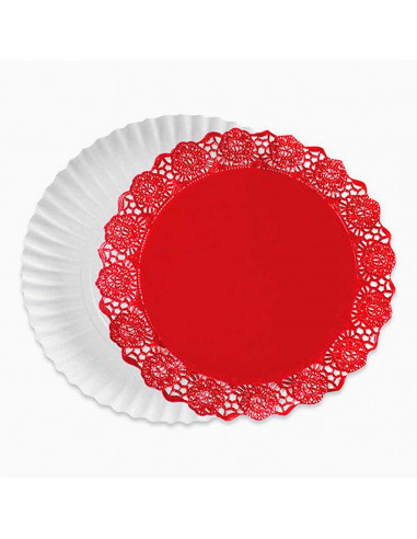Bandeja de cartón redonda blanca con blonda roja, diámetro 34,5 cm, fuente reciclable para pasteles con encaje de papel, especia