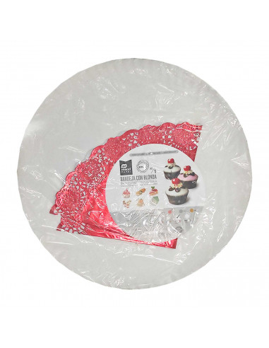 Bandeja de cartón redonda blanca con blonda roja, diámetro 34,5 cm, fuente reciclable para pasteles con encaje de papel, especia