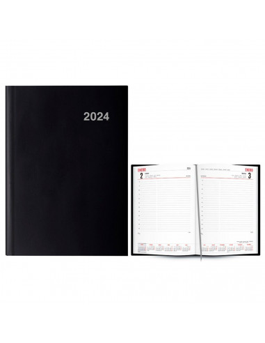 Tradineur - Agenda anual 2024, vista día página, tapa dura y cinta marcapáginas, planificador diario de tareas, citas (Negro, 21